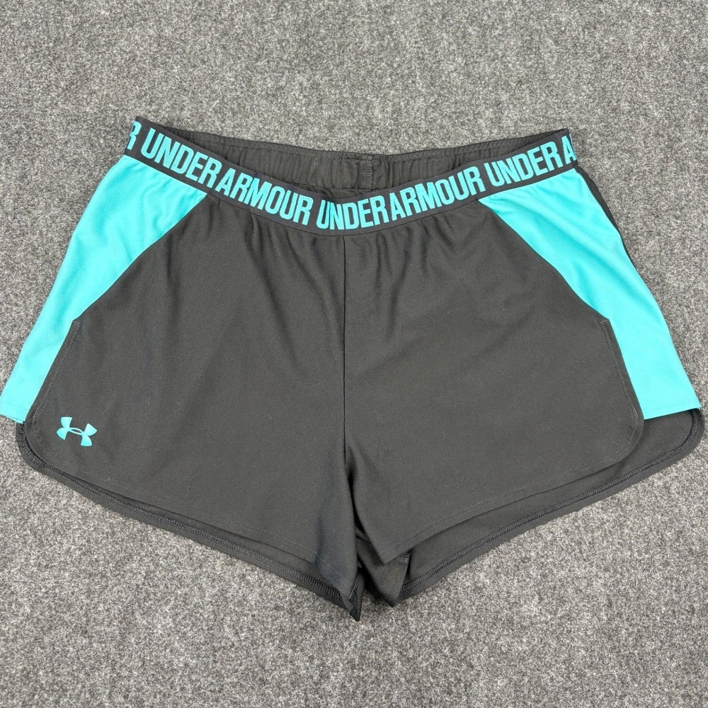 Under Armour Womens HeatGear Athletic Shorts Black Teal Logo Waistband L